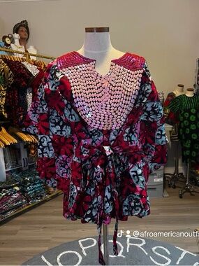 Embellished African Print Tunic in Fuchsia and Black